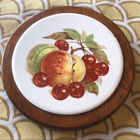 Vintage Kitchen Vintage Mcm Round Wood Ceramic Trivet Hot Plate